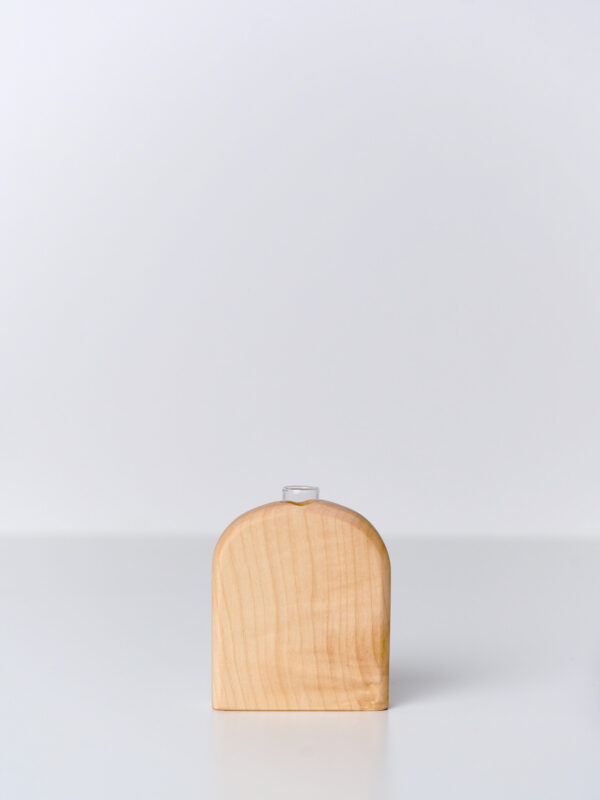 Portafiori piatto n.06 in legno con provetta in vetro, formato mini.