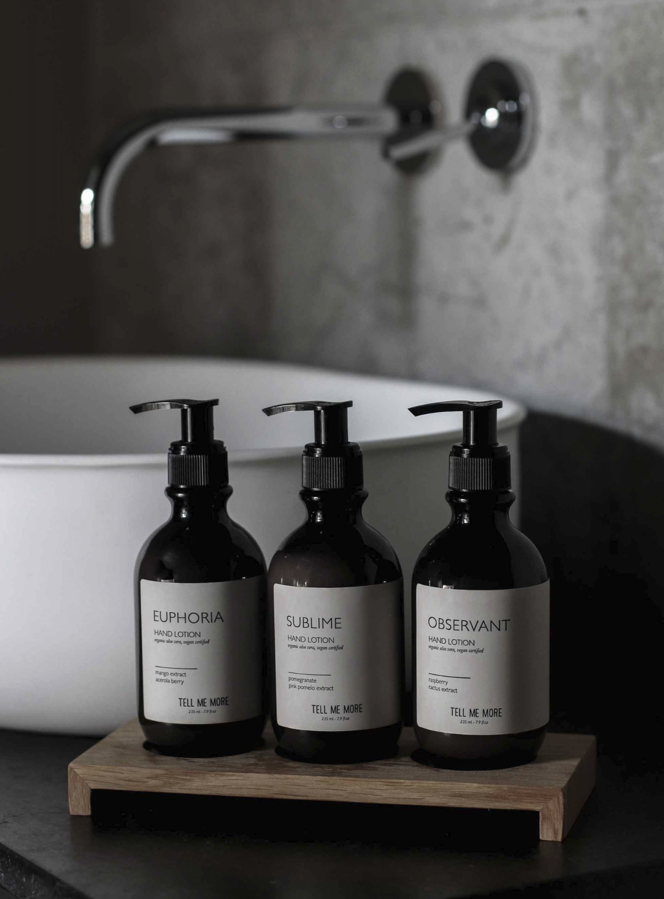 Set di lozioni mani naturali “Sublime”, “Euphoria” e “Observant” in confezione ambrata, Terracotta Home Store.