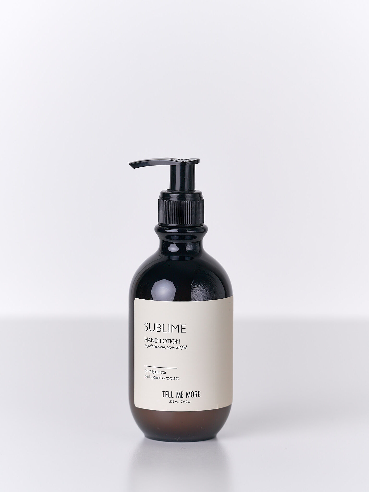 Lozione mani naturale “Sublime” con ingredienti botanici, flacone in vetro ambrato Terracotta Home Store.