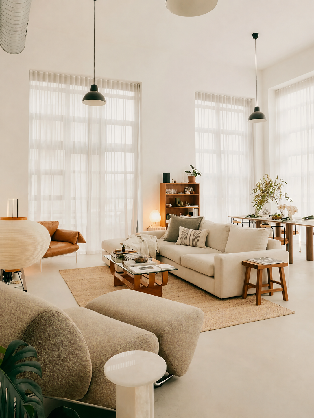 Soggiorno luminoso in stile minimal caldo con divano beige e due cuscini decorativi in tonalità naturali (verde salvia e tessuto rigato), luce naturale filtrata da tende leggere, arredi in legno e atmosfera rilassata in stile Japandi.