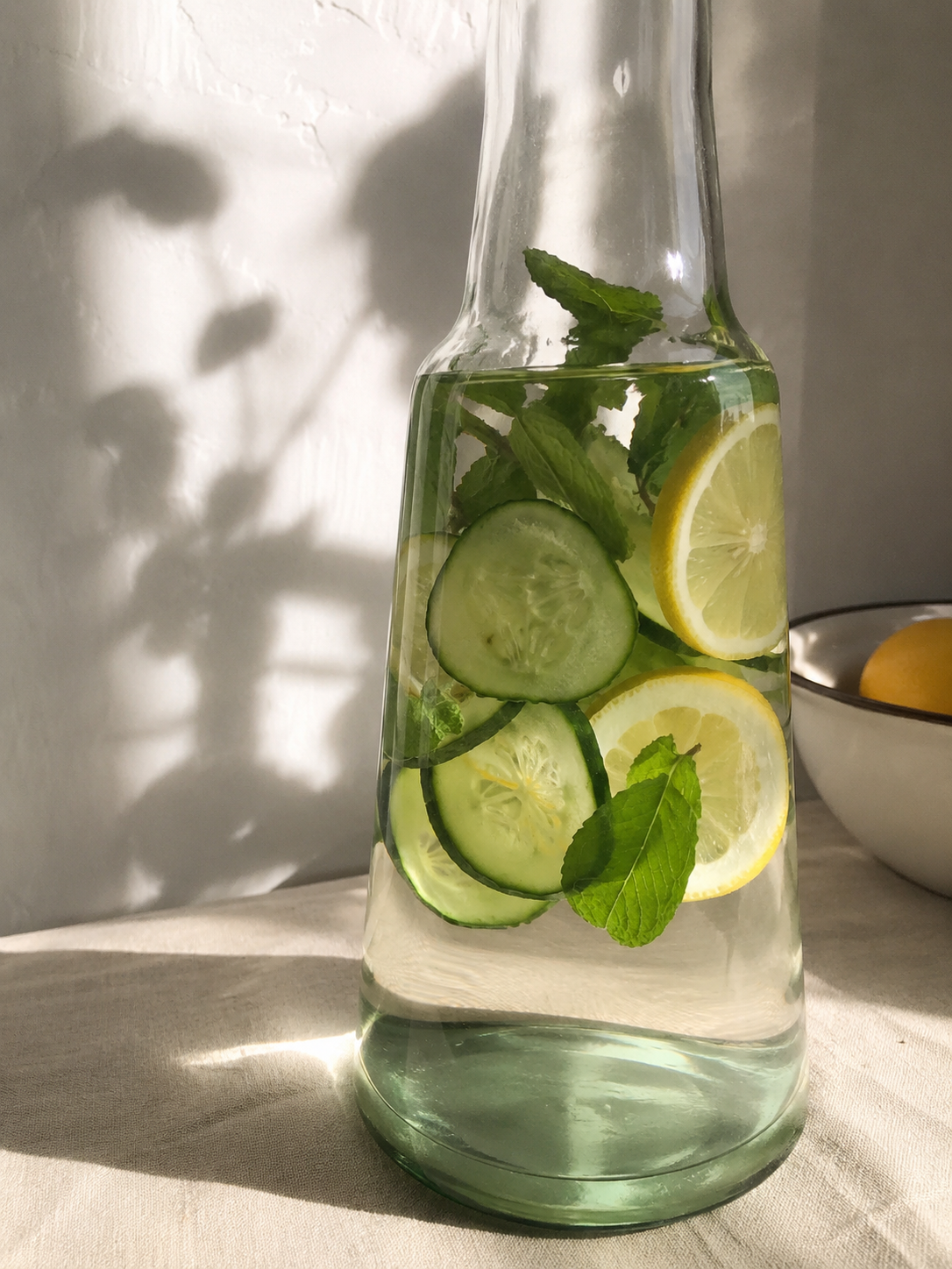 Caraffa in vetro trasparente con acqua aromatizzata, fette di cetriolo, limone e foglie di menta, illuminata dalla luce naturale del sole estivo su una tovaglia in lino chiaro.